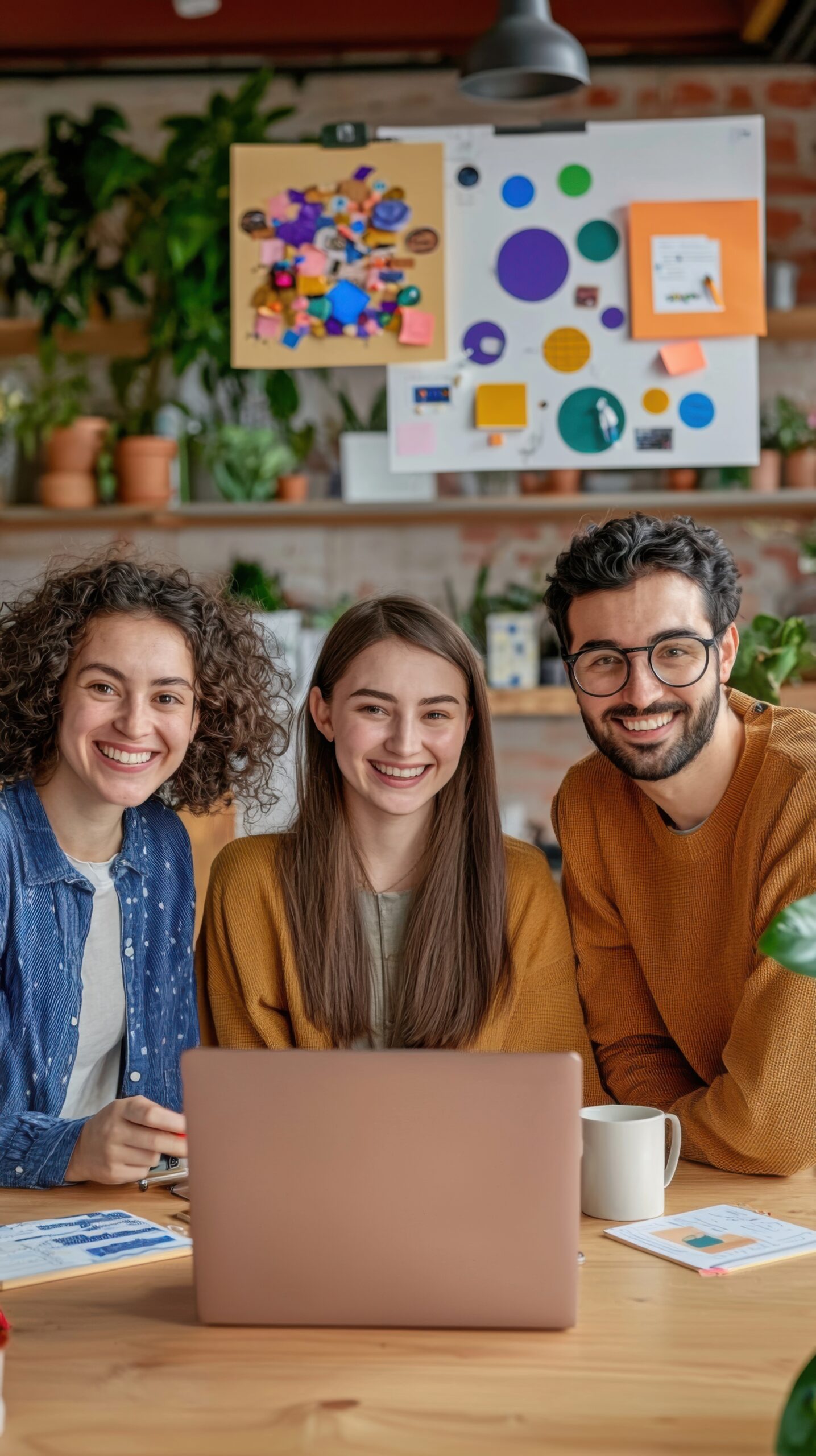 Three friends smiling and working together on a laptop in a bright, creative workspace filled with plants and colorful artwork.