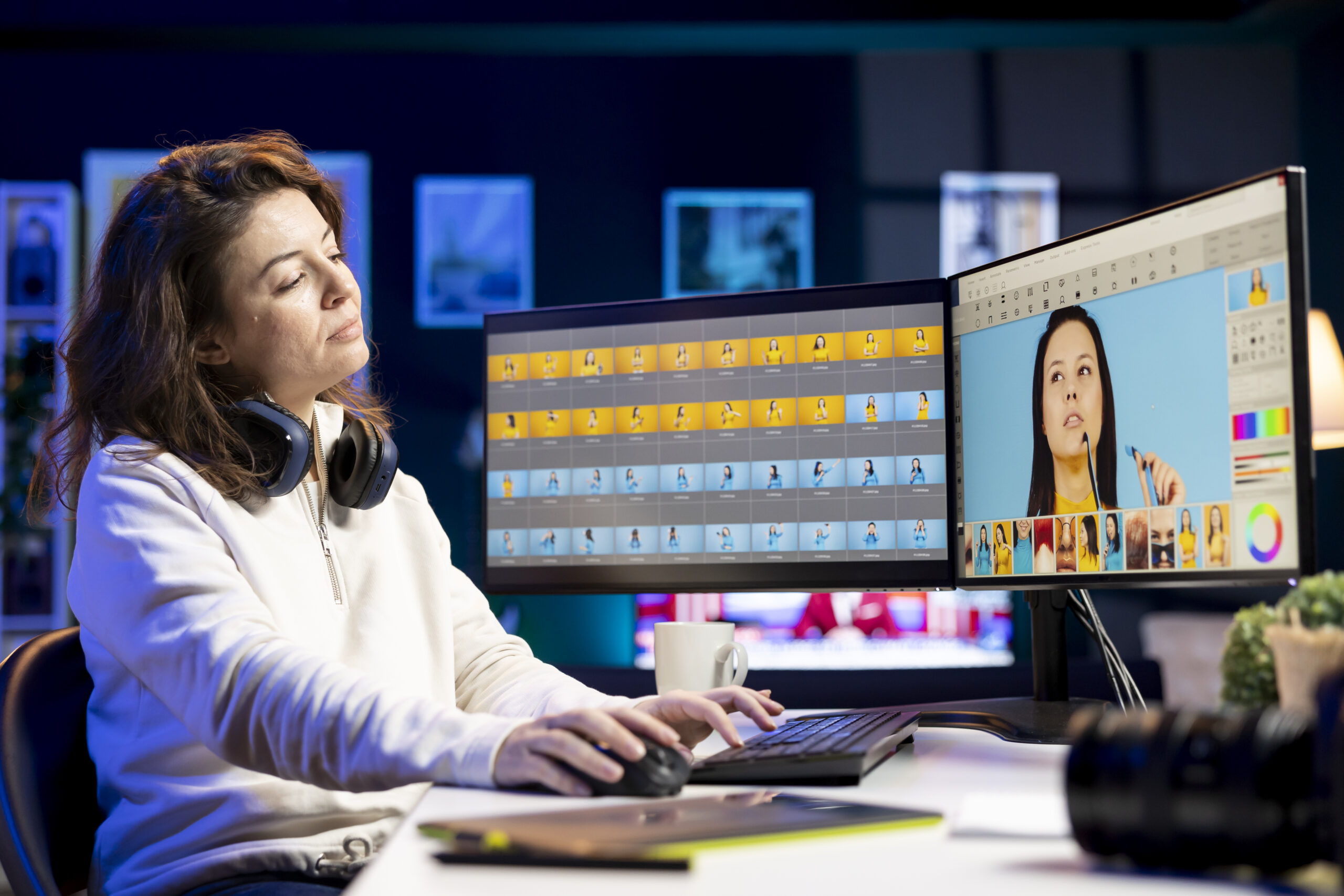 Content creator in digital multimedia company processing images with post production software. Photo editor selects best editorial photographs for advertising campaign and retouching on graphic tablet